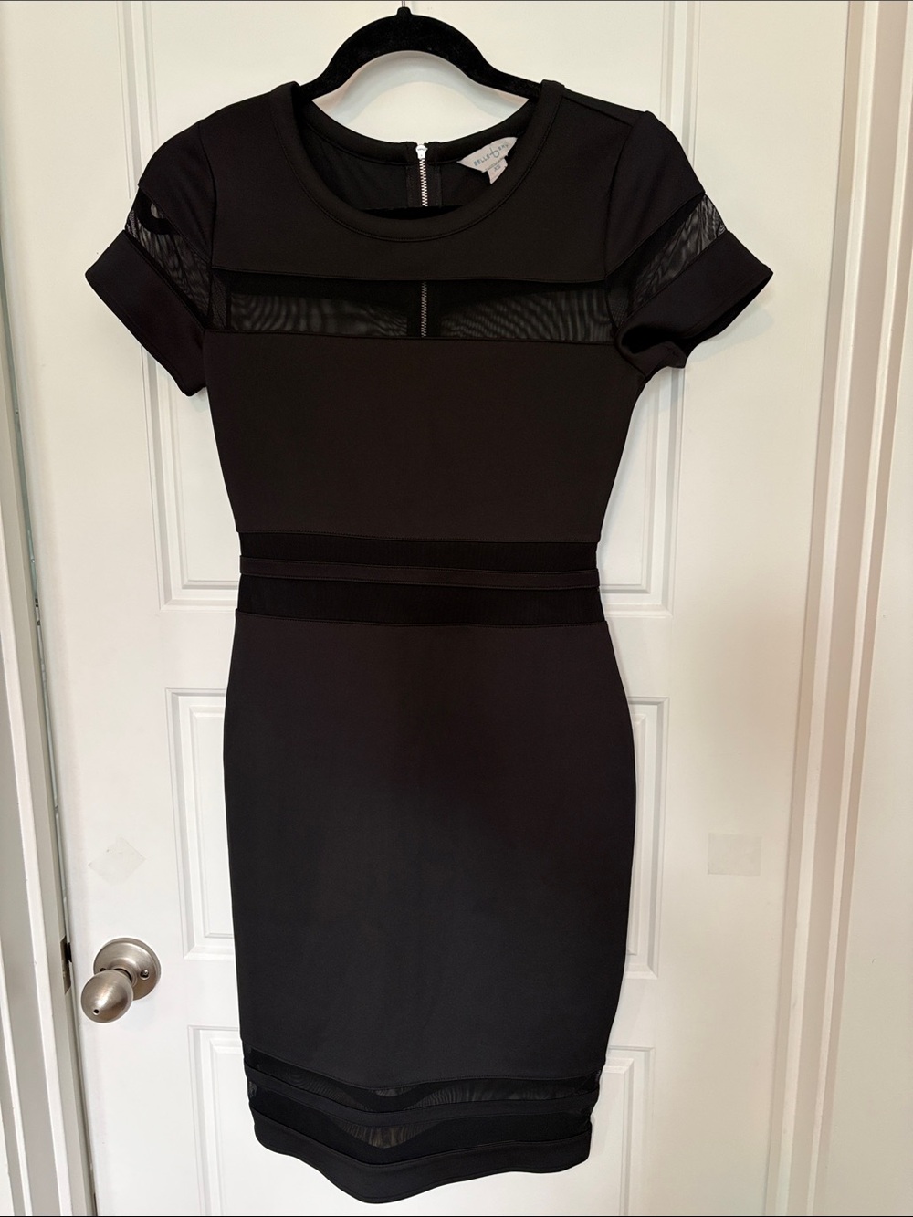 Black Short Sleeve Sheath Dress with Mesh Insets